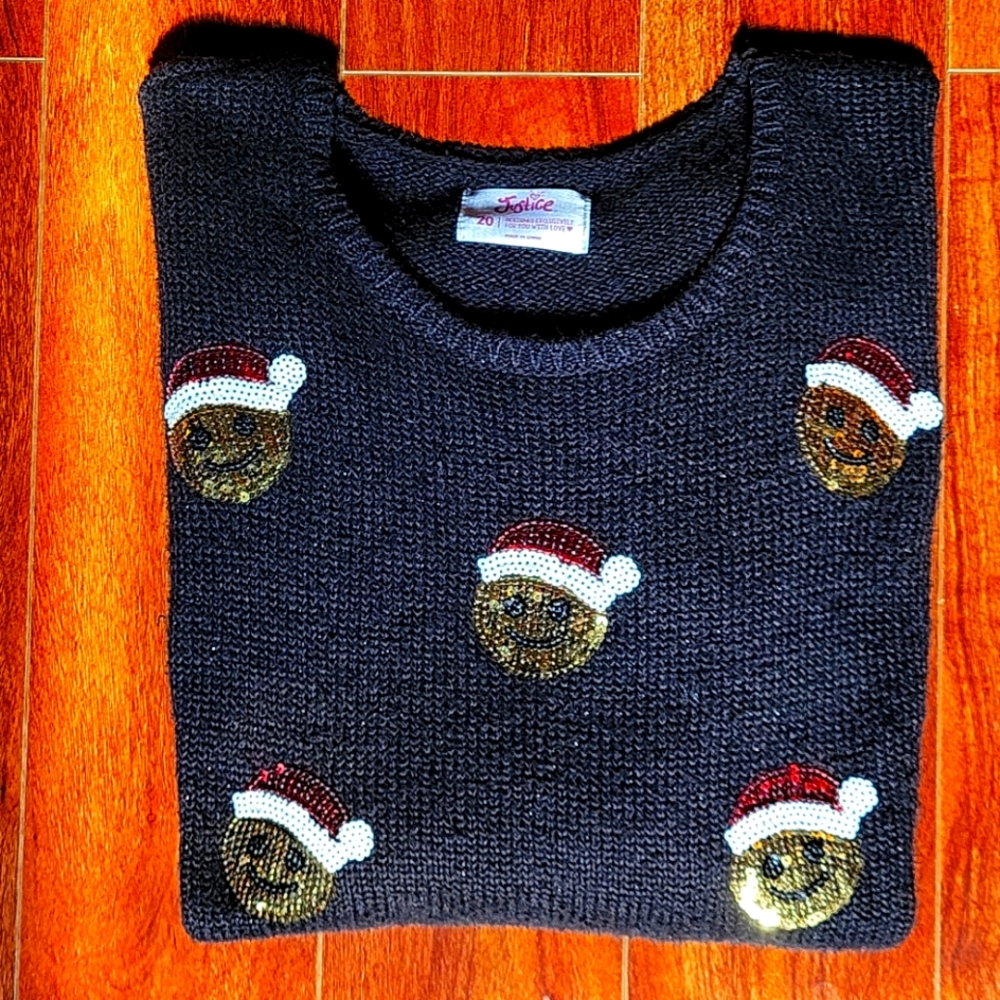 Justice  Christmas Sweater Smiley Santa Emoji's  Shimmering Black  Girls Size 20